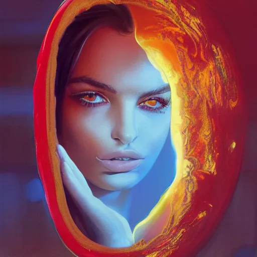 Image similar to Emily Ratajkowski with beautiful face and full body laying in a blood red pool of water between a bright golden glowing mirror frame, outside is space and inside the mirror frame is a beautiful landscape. Hyperrealistic surreal 4K IMAX Rene Margritte intricate, elegant, highly detailed, digital painting, artstation, concept art, smooth, sharp focus, illustration, art by artgerm and greg rutkowski and alphonse mucha