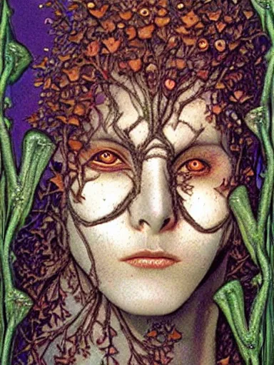 Prompt: The Hanging-Gardens of Pareidolia, lobelia, ivy, verbena and pothos growing facial features and optical-illusions, aesthetic!!!!!!!!!!, by Gerald Brom in the style of Johfra Bosschart,