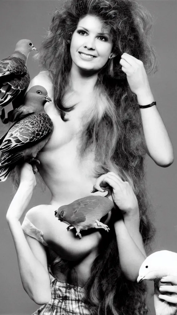 Prompt: an 8 0 s photo of a glamour model holding a pigeon