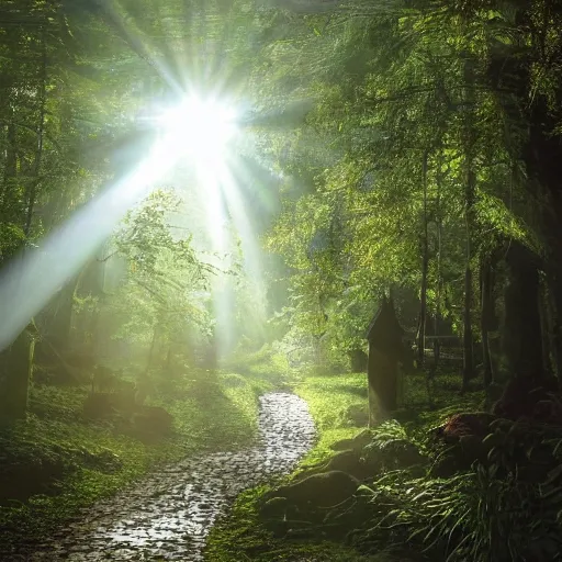 Image similar to sun beams god ray into a forest grove, little gnomes, wooden moss covered houses, birds, flowing streams, cobblestone, windows lit up, thatched roofs, smoke puffing from chimneys, great forest trees, beautiful flowers, magical sunlight, yoshitaka amano, stunning, trending, best ever,