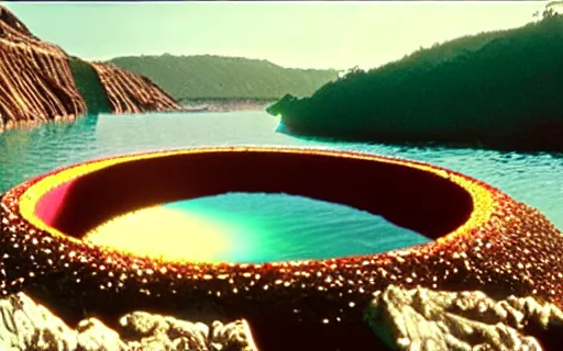 Image similar to a cliff jumping into waters that are a portal to a different dimension, film still by Wes Anderson