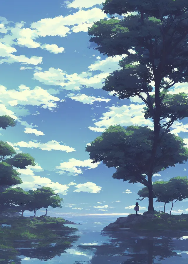 Prompt: landscape with a blue island, makoto shinkai