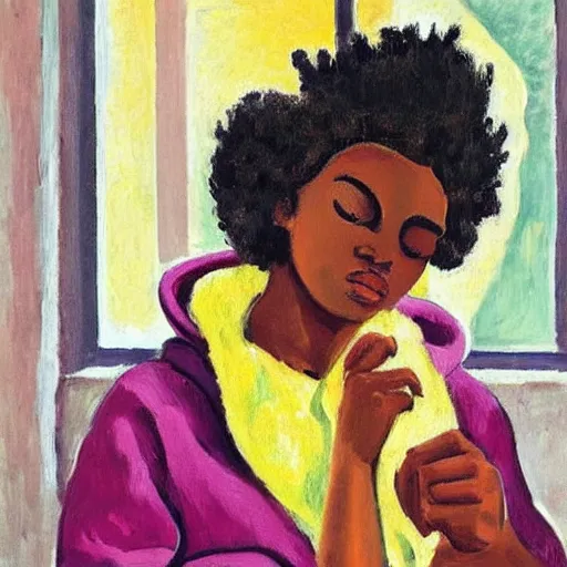Image similar to early morning. a young ebony with afro hair wearing a wearing a cozy hoodie is texting on her smartphone. sunlight is entering through the window and beautifully lighting the face. depth of field, backlit, closeup, oil on canvas, art by henri matisse 1 9 4 4, in the style of dance by henri marisse, 1 9 1 0, smooth, fauvism, 2 k