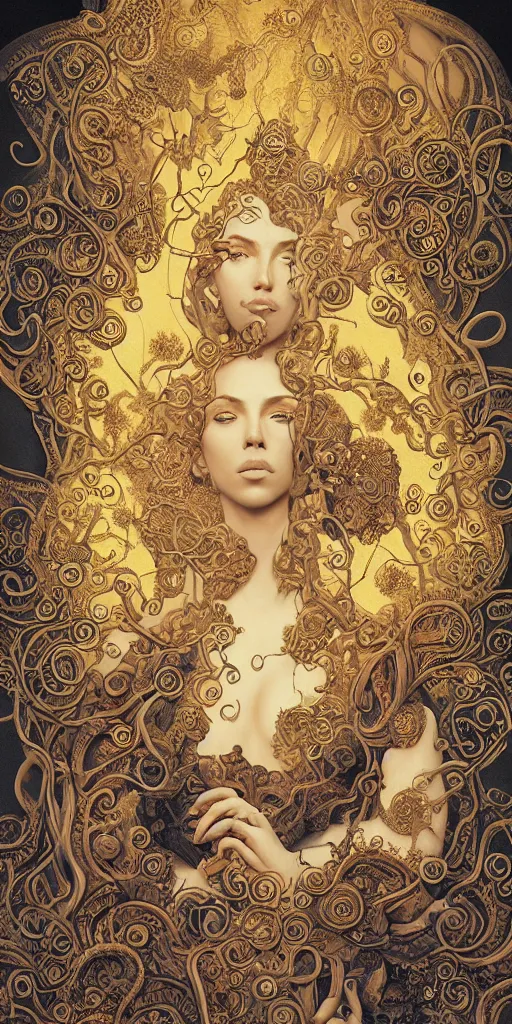 Prompt: masterpiece with intricate designs, tarot card, a mandelbulb fractal scarlett johansson, southeast asian diety statue, full of golden layers, flowers, clouds, vines, mushrooms, swirls, curls, wave by Hokusai and Mike Mignola, trending on artstation, elaborate illustration, beautiful hands close to a candle in dark room, cinematic, powerful, moon beams dramatic light, highly, intricate elements, detailed, digital painting, artstation, concept art, sharp focus, illustration, art by artgerm