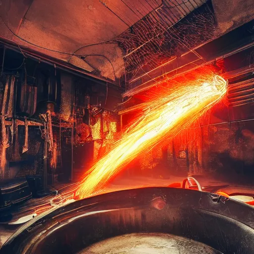 Image similar to red hot frying pan with bacon, tangles of metallic cables, dark messy smoke - filled cluttered workshop, dark, dramatic lighting, orange tint, sparks, plasma charges, cinematic, highly detailed, sci - fi, futuristic, movie still