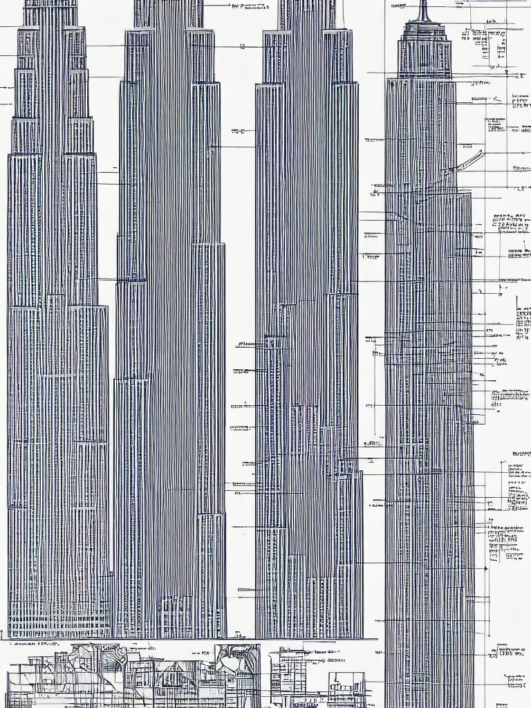 Image similar to Architecture blueprint copy, Empire State Building. Vertical cut. Technical drawing