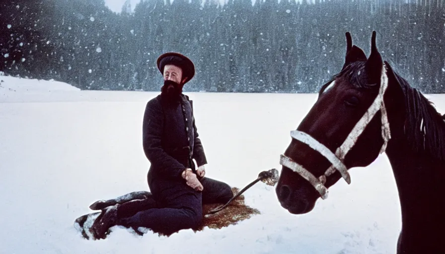 Image similar to 1 9 6 0 s movie still close up of marcus aurelius with his horse frozen to death under the snow by the side of a river with gravel, pine forests, cinestill 8 0 0 t 3 5 mm, high quality, heavy grain, high detail, texture, dramatic light, anamorphic, hyperrealistic, detailed hair, foggy