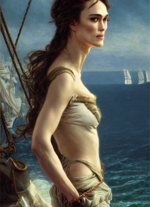 Prompt: portrait Keira Knightley as sea pirate on a ship, full length shot, shining, 8k highly detailed, sharp focus, illustration, art by artgerm, mucha, bouguereau
