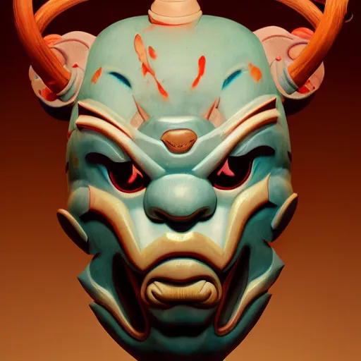 Image similar to prompt : oni mask character portrait soft light painted by james jean and katsuhiro otomo and erik jones, inspired by evangeleon anime, smooth face feature, intricate oil painting, high detail illustration, sharp high detail, manga and anime 1 9 9 9