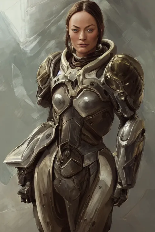 Image similar to a professional painting of a young Olivia Wilde, clothes in military armor, olive skin, long dark hair, beautiful bone structure, symmetrical facial features, intricate, elegant, digital painting, concept art, smooth, sharp focus, illustration, from StarCraft by Ruan Jia and Mandy Jurgens and Artgerm and William-Adolphe Bouguerea