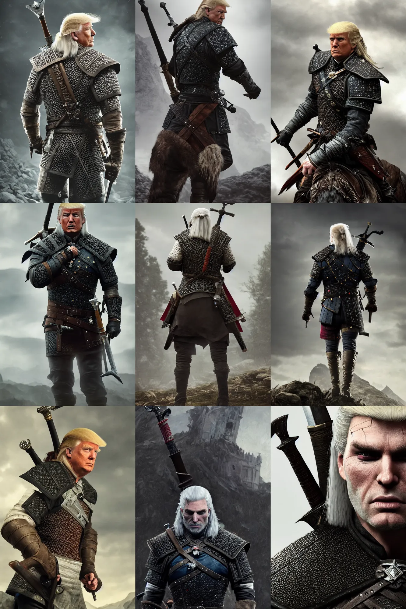 Prompt: donald trump as geralt from the witcher, artstation, by camille corot, cinematic, dramatic, filmic, 8 k, moody lighting, cinematic lighting, insanely detailed and intricate, hypermaximalist, elegant, ornate, hyper realistic, super detailed