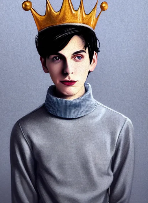 Image similar to portrait of teenage jughead jones wearing a light grey crown, crown, blue turtleneck, 1 9 5 0 s, closed eyes, photorealistic, black hair, glowing lighting, intricate, elegant, glowing lights, highly detailed, digital painting, artstation, concept art, smooth, sharp focus, illustration, art by wlop, mars ravelo and greg rutkowski