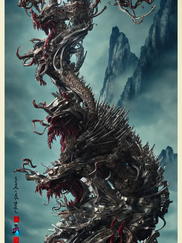 Image similar to exquisite imaginative creature beast from chinese mythology, sharp, ghost in the shell, slender and densely arranged teeth, poster art, movie art, elegant, by lucusfilm, weta studio and james jean, 8 k, denoised