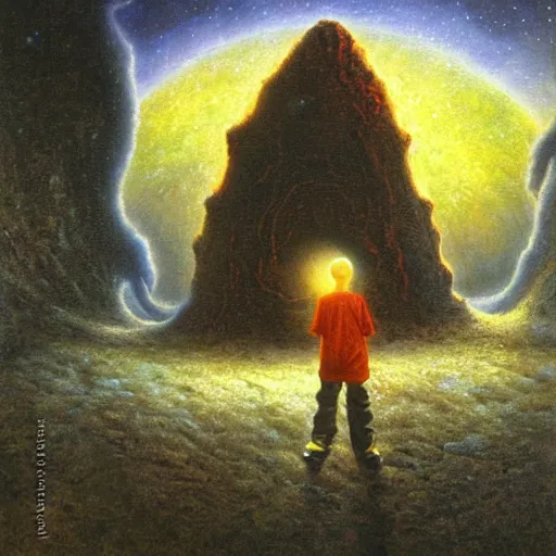 Prompt: an epic 8 k resolution painting of a black boy exploring the temple of the alien gods at the end of the universe, by bob eggleton