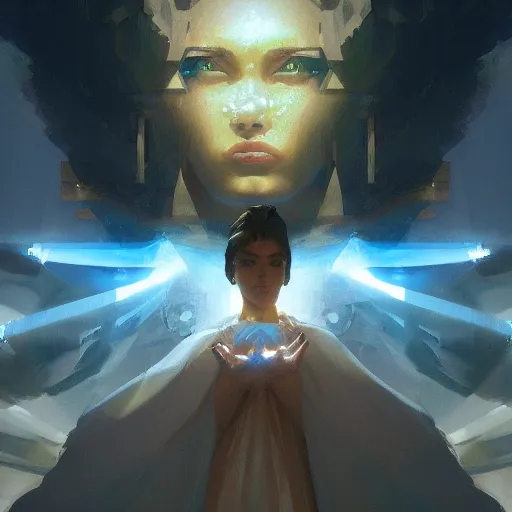 Image similar to godess of artificial intelligence, sharp focus, god rays, volumetric light, by greg rutkowski and greg manchess, cinematic, light from above