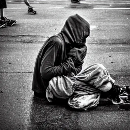 Image similar to candid photo of a real life homeless dirty minion living on the street, bum photography, detailed portrait shot, 35mm, lens, sony a7z, moody, sad, flickr, hyper realistic, real life, 4k, UHD