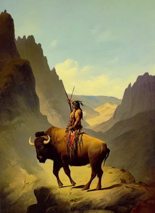 Image similar to native american riding bison, buffalo, native american warrior, mountain range, beautiful sky, standing on the edge of a cliff, 1 9 th century, painted by frazetta