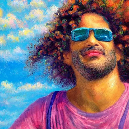 Image similar to egyptian man with curly hair, skydiving without a parachute, pastel clouds, impressionist painting, figurative painting, intricate details, happy