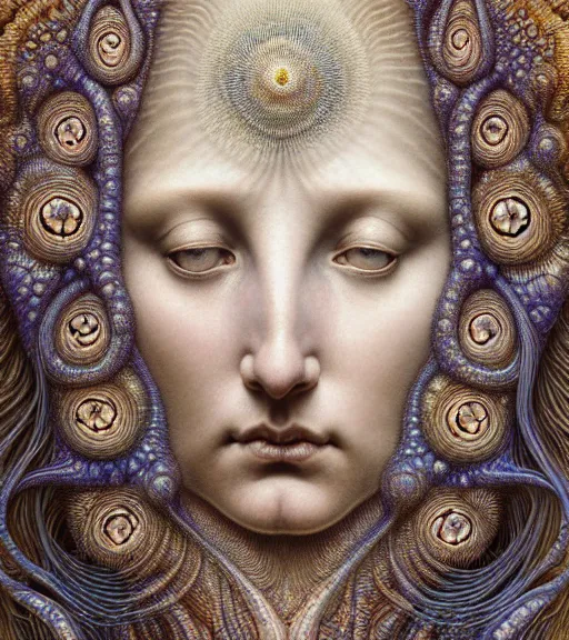 Image similar to detailed realistic beautiful opal goddess face portrait by jean delville, gustave dore, iris van herpen and marco mazzoni, art forms of nature by ernst haeckel, art nouveau, symbolist, visionary, gothic, neo - gothic, pre - raphaelite, fractal lace, intricate alien botanicals, biodiversity, surreality, hyperdetailed ultrasharp octane render