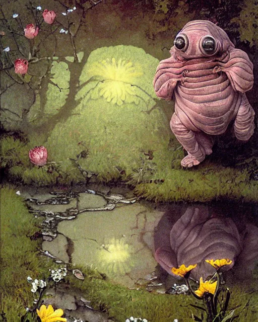 Prompt: detailed painting of a beautiful tardigrade p, untouched by humans for years, with a brooding fairy inside it. sunlight beams down on the scene and you can tell it is spring from the flowers. perhaps a party of adventurers or a lone traveler is entering the scene from the a path. by norman rockwell