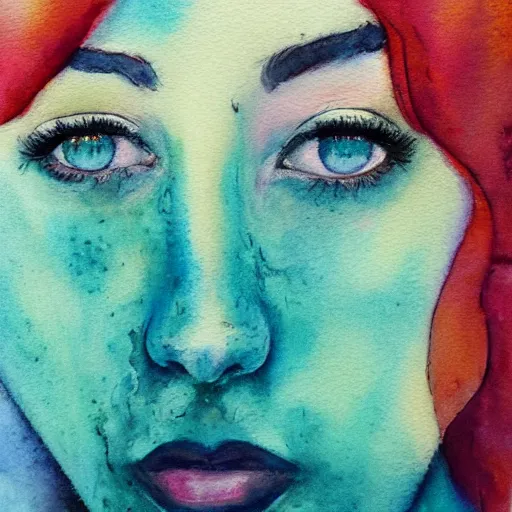 Image similar to “A watercolor portrait of a beautiful young woman with large light turquoise eyes and red hair, sad expression, tears welling, and freckles on her nose, with pastel watercolor splashes in the background”