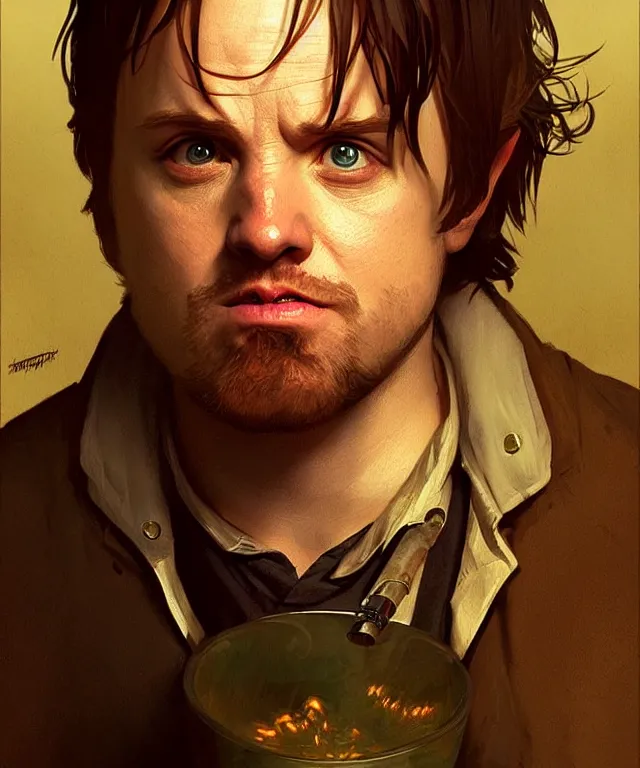 Image similar to portrait hobbit jesse pinkman, smoking a pipe, caricature, headshot, highly detailed, digital painting, artstation, concept art, sharp focus, cinematic lighting, illustration, art by met mangindaan, artgerm and greg rutkowski, alphonse mucha, cgsociety