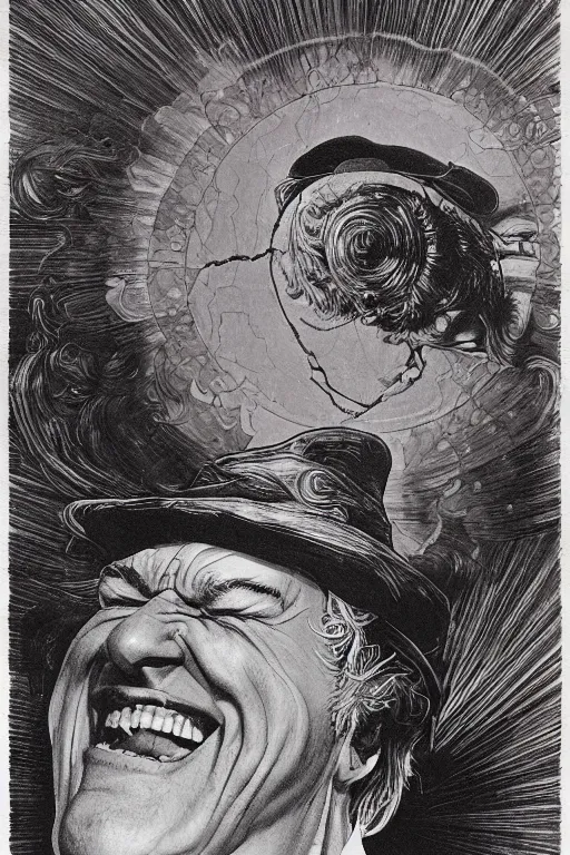 Prompt: an awesome jean giraud portrait of timothy leary laughing hysterically in the style of a renaissance masters portrait, mystical and new age symbolism