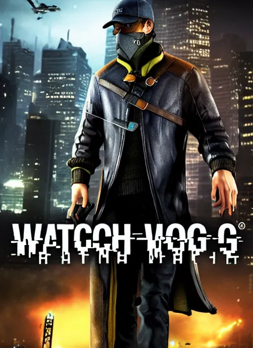 Prompt: watch dogs the movie, aiden pearce, movie poster, explosion in the back, night, rain, cars, civilians, runing, weapons
