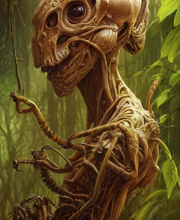 Image similar to intricate earth - toned portrait of a disturbing terrifying alien insect creature, mottling coloring, adorable, childlike, overgrown jungle environment, ultra realistic, concept art, maximalist, photorealistic, octane render, 8 k, unreal engine. art by christopher marley and artgerm and greg rutkowski and alphonse mucha