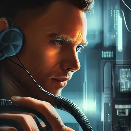Prompt: close up of guy connected to computer with wires and tubes, cyborg, dystopian, highly detailed, digital painting, artstation, concept art, soft light, sharp focus, illustration