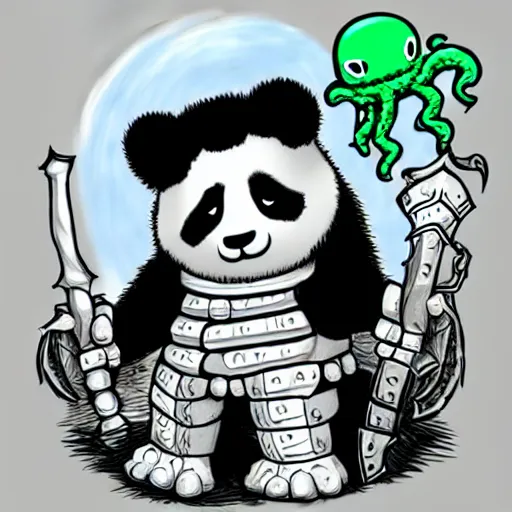 Prompt: a panda in templar knight armor fighting cthulhu