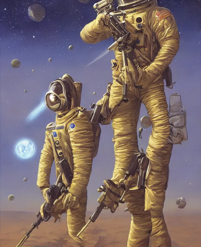 Image similar to a painting of a spaceman holding a rifle, concept art by michael whelan and tim white and vincent di fate, featured on deviantart, space art, concept art, sci - fi, cosmic horror