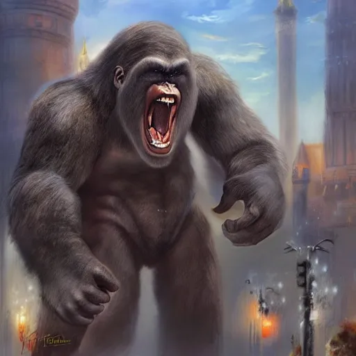 Prompt: angry king kong attacks winter kremlin, digital painting, very detailed environment, art by artgerm and boris vallejo