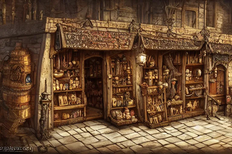 Image similar to A medieval magic shop viewed from the outside, magic items, magic, texture, intricate, details, highly detailed, masterpiece, architecture, building, trending on artstation, focus, sharp focus, concept art, digital painting, fantasy, sunny, day, midday