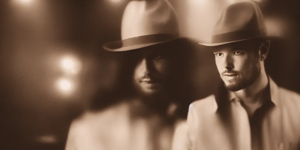 Image similar to man wearing a fedora, medium shot, neo noir, chiaroscuro lighting, cinematic, atmospheric, 35mm lens