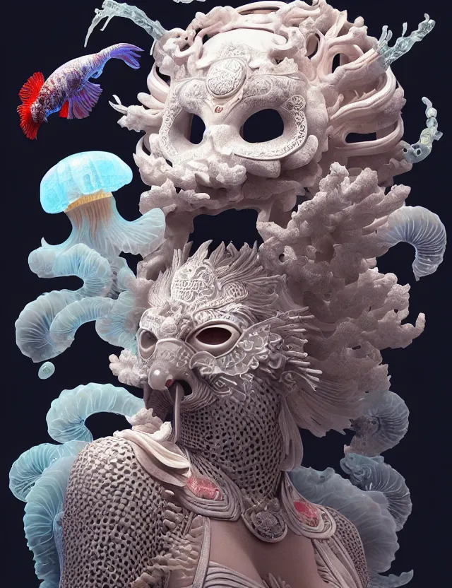 Image similar to 3 d goddess bottom - up with ram skull. beautiful intricately detailed japanese crow kitsune mask and clasical japanese kimono. betta fish, jellyfish phoenix, bio luminescent, plasma, ice, water, wind, creature, artwork by tooth wu and wlop and beeple and greg rutkowski