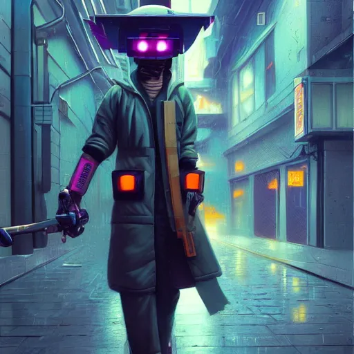 Image similar to An android with akimbo katanas by Evgeny Lushpin, cyberpunk, Trending on Artstation, 1980s computer graphics,