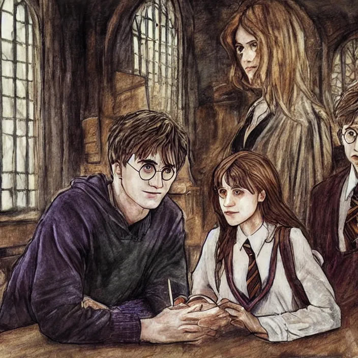 Prompt: Harry Potter Ron and Hermione in the Hogwarts common room, drawn by Mikhail Vrubel, hyper realistic face