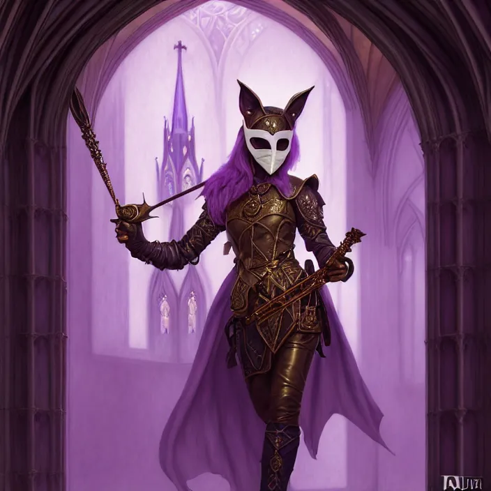 Image similar to masked d & d bard with her lilac leather armor in a cathedral, volumetric lighting, fantasy, intricate, elegant, highly detailed, lifelike, photorealistic, digital painting, artstation, fox ears illustration, concept art, sharp focus, by john collier and albert aublet and krenz cushart and artem demura and alphonse mucha