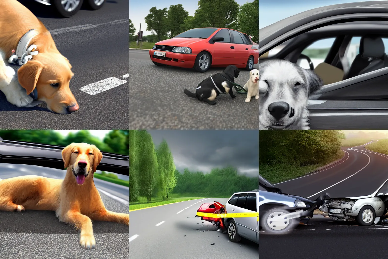 Prompt: retriever driving a car, traffic accident, super photorealistic, 4K