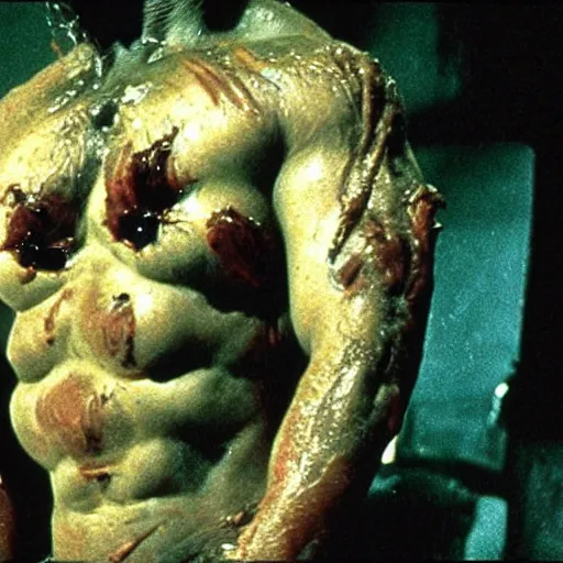 Image similar to big buff grotesque scary fleshy wet, Nemesis from biohazard, movie still iconic