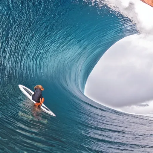 Prompt: a tunnel wave at teahupo'o with a very old woman dropping in an an ironing board