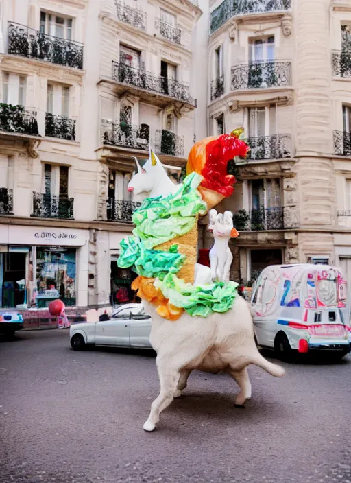 Image similar to a unicorn in paris, a cat and a piece of cabbage are crawling out of the unicorn, lsd, canon 5 d 5 0 mm lens fuji 8 0 0 film