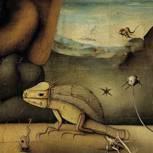 Prompt: A hieronymus bosch painting of a strange lizard wandering through a desert