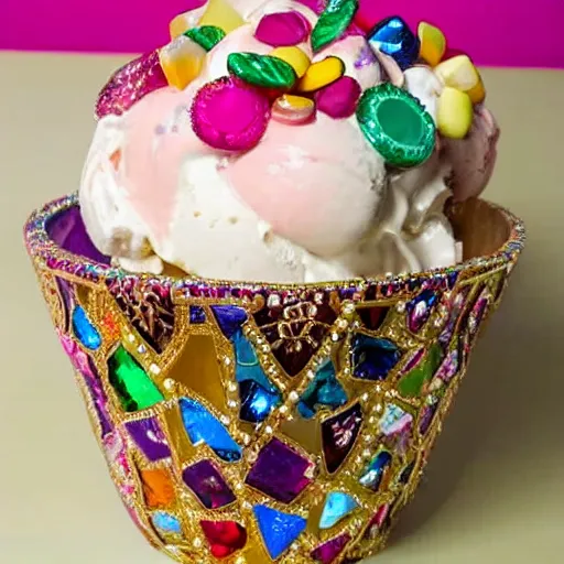 Prompt: an ice cream sundae made out of gems, high clarity gems, elegant and ornate,