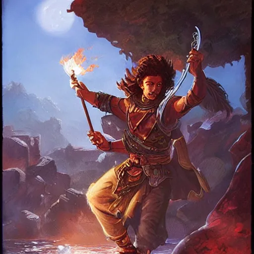 Image similar to beautiful painting of a very short and small male halfing bard from pathfinder, casting fireball, painted by larry elmore, wayne reynolds, greg rutkowski, magic the gathering, dungeons and dragons,