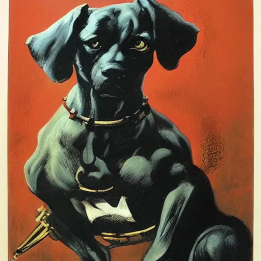 Prompt: dog+policeman mutation by frazetta