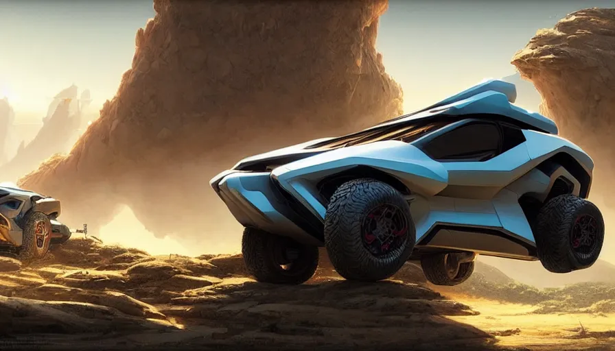 Prompt: a futuristic offroad suv by artgerm and greg rutkowski and alphonse mucha, zaha hadid, volumetric light, detailed, octane render, midsommar