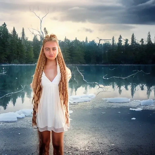 Prompt: real life photo of a beautiful girl, full body photoshoot, long braided curly blonde hair, twisted braids, golden watery eyes, full round face, short smile, white dress, icy lake next to village setting, cinematic lightning, medium shot, mid-shot, highly detailed, trending on artstation, Unreal Engine 4k, 80mm, 85mm, cinematic wallpaper