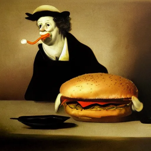 Image similar to ronald mcdonald eating a burger, art by francisco goya, gruesome, dark